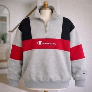 Vintage Champion Grey High Neck Three Quarter Mens Zip Sweater Medium